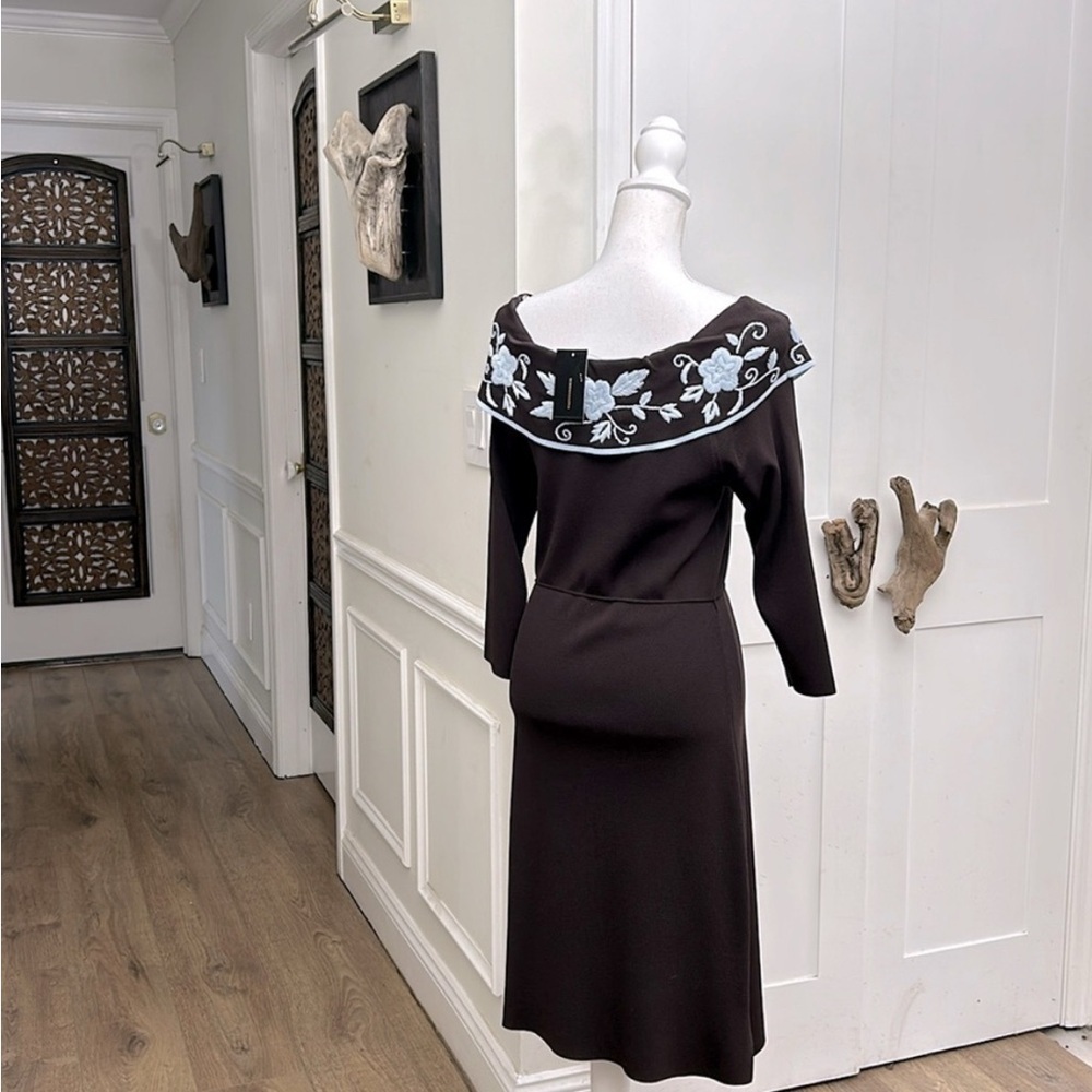 BCBG Off Shoulder Embroidered Knit Midi Dress Brown Blue Floral NWT Sz L Winter - Picture 4 of 12